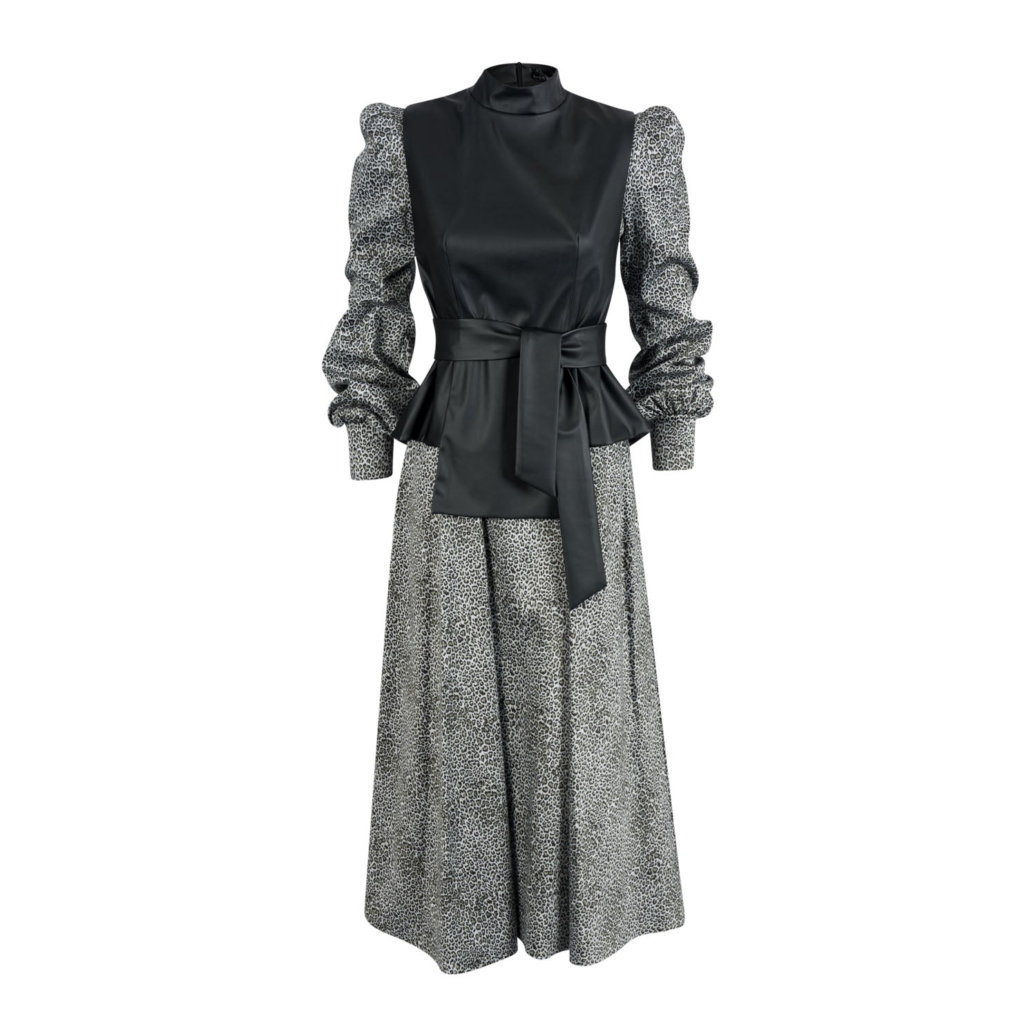 Kwindlakazi Classic A-Line Belted Dress: Grey animal print A-line dress with turtleneck, belted waist, and fit-and-flare silhouette.