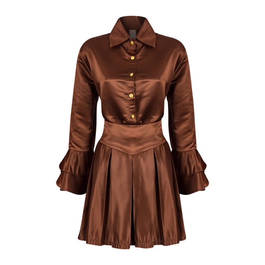 Box Pleat Skirt Set and Shirt Collar Blouse with Double Sleeve Hem Frill