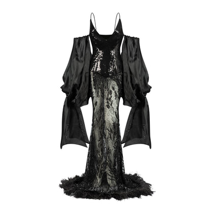African Galactic Ostrich Feather Queen Gown