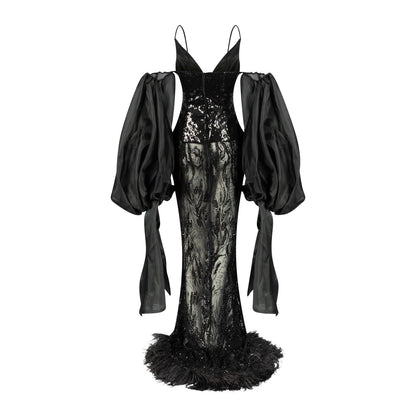 African Galactic Ostrich Feather Queen Gown