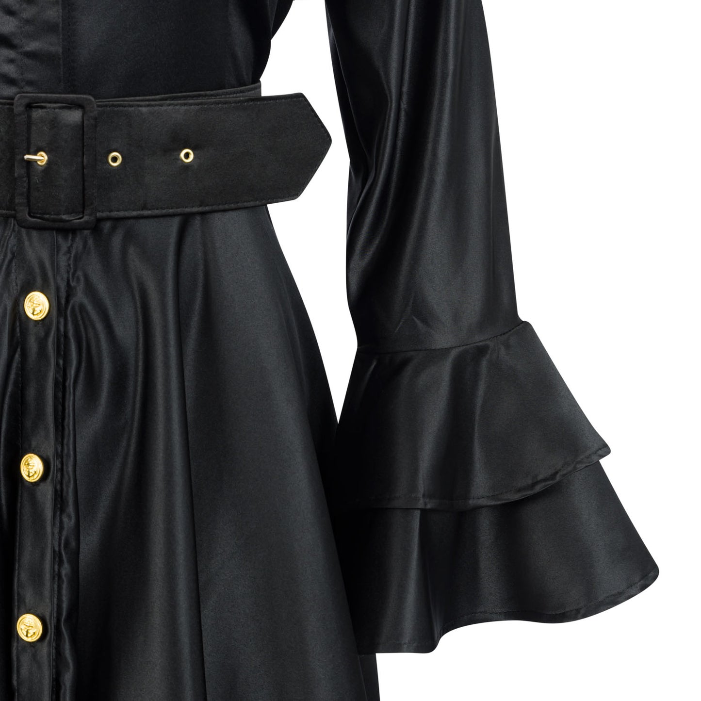 Satin Double Cuffed Belted Collared Button Long Sleeved Maxi Dress