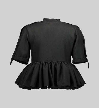 Front View of the Short Sleeved Milli Peplum Top Black by AFI Privé