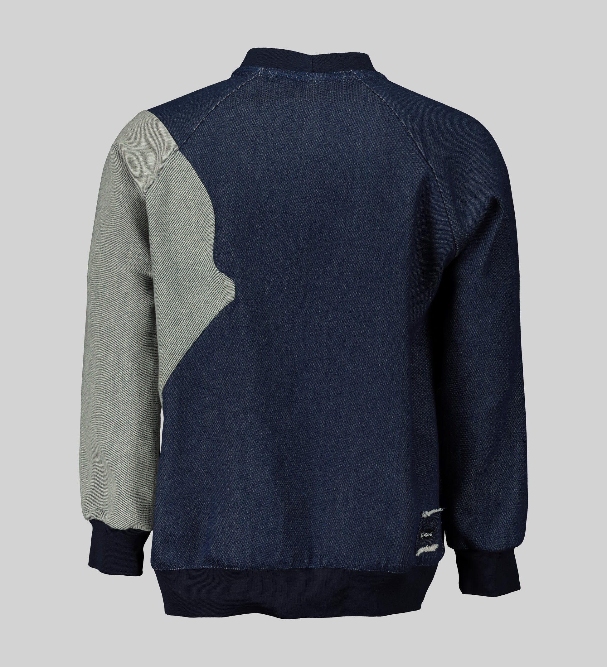 AFI Privé Denim Contrast Sweater - Back view showing the round neckline and contrasting denim details.