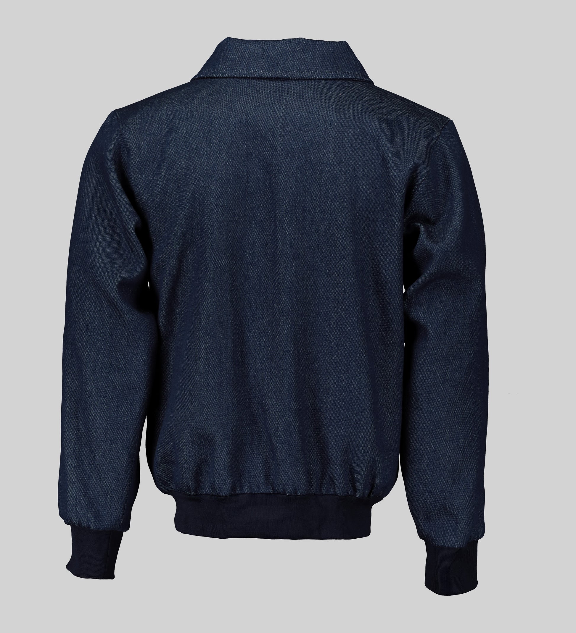 AFI Privé Denim Collar Baseball Bomber Jacket back view. Sophisticated design with a luxurious feel. Made in Africa. House of Nala, Sandton City.