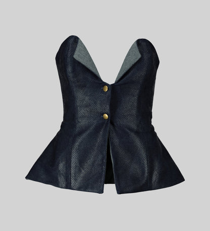 Playful denim boobtube top with front buttons. Unique design, perfect for any occasion. Made in Africa by AFI Privé.