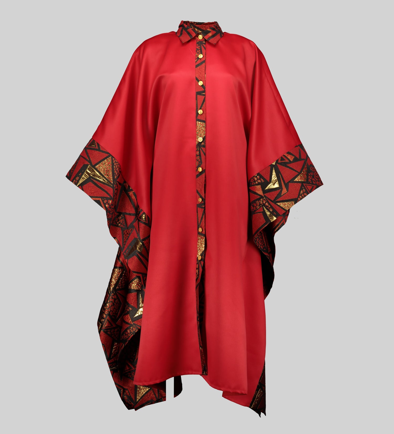 Red agbada kimono with gold and black brocade and gold buttons. 