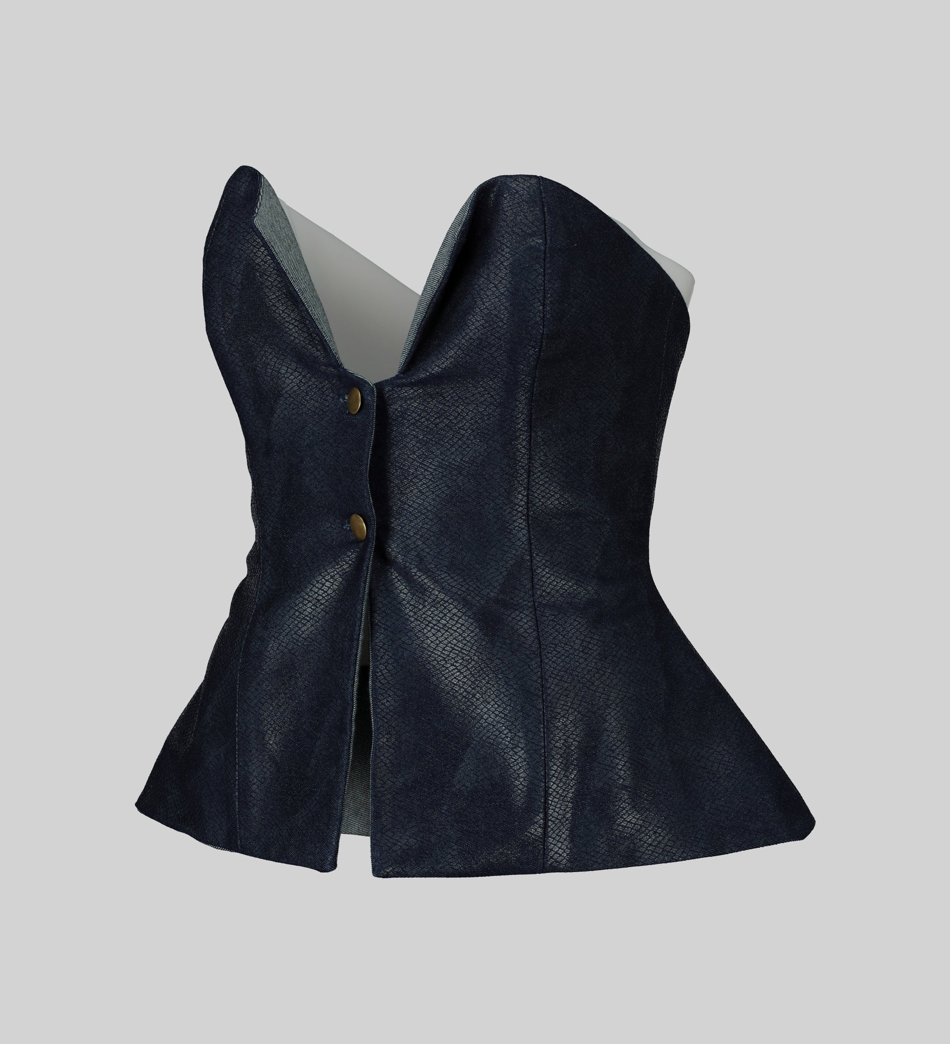  AFI Privé Strapless Denim Top Side View. Showcasing clean lines and a universally flattering fit.