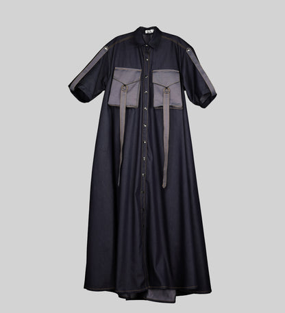 AFI Privé Long Milli Denim Dress. Sophisticated long denim dress with front press studs, big pockets, and a shirt collar.