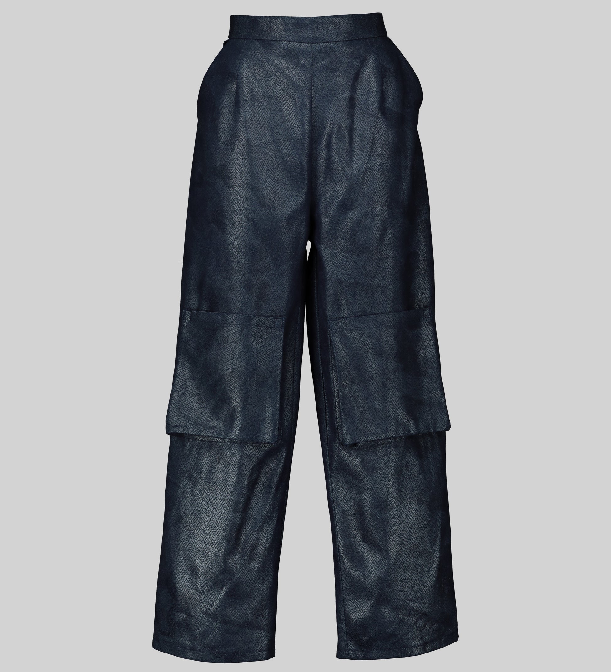 <img src="pic.gif" alt="Front view of AFIPRIVE denim cargo pants with a grey square pattern." />