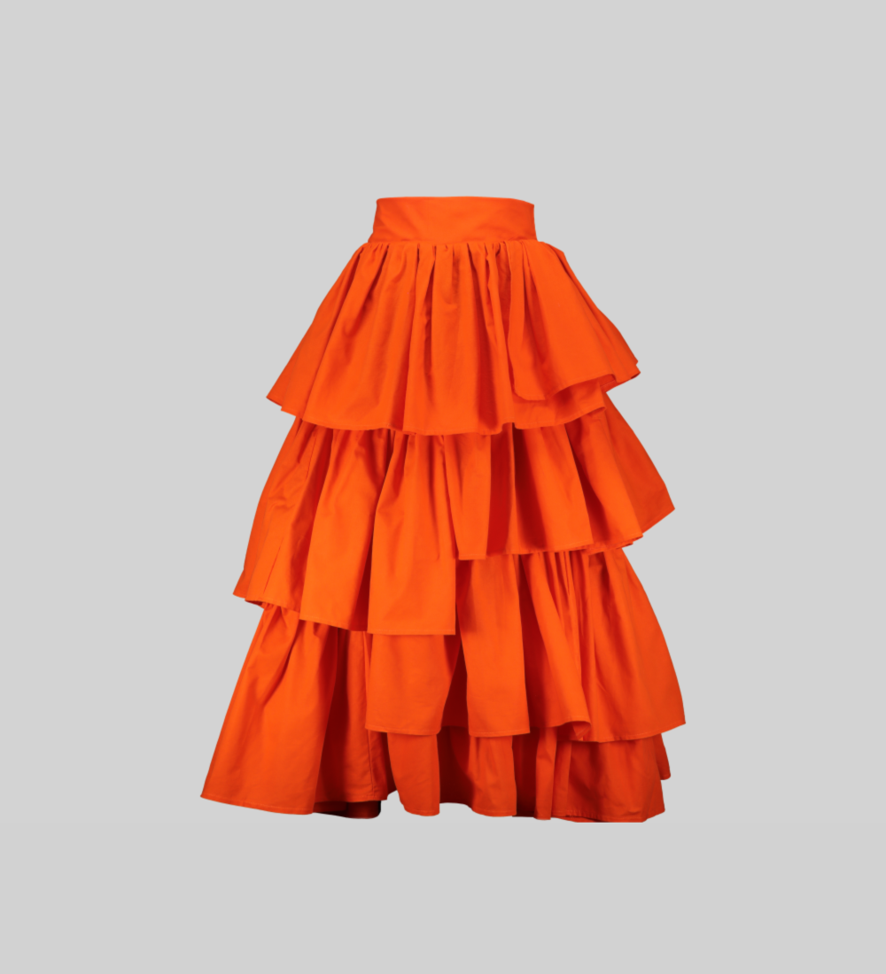  Orange NTOBEKO XIBELANI SKIRT by Bathini Kowane. Asymmetrical tiered ruffle skirt in a vibrant orange colour