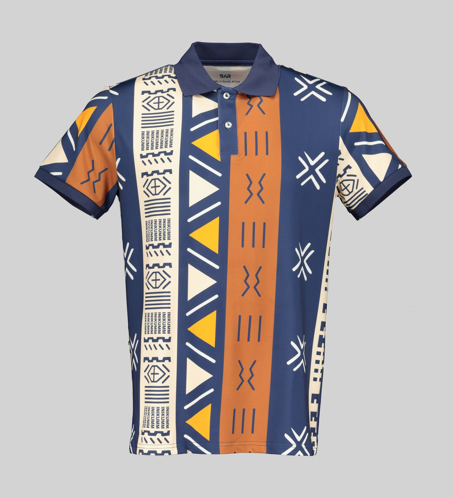 Men's short-sleeve golf shirt in a brown, navy, mustard, and beige geometric print.