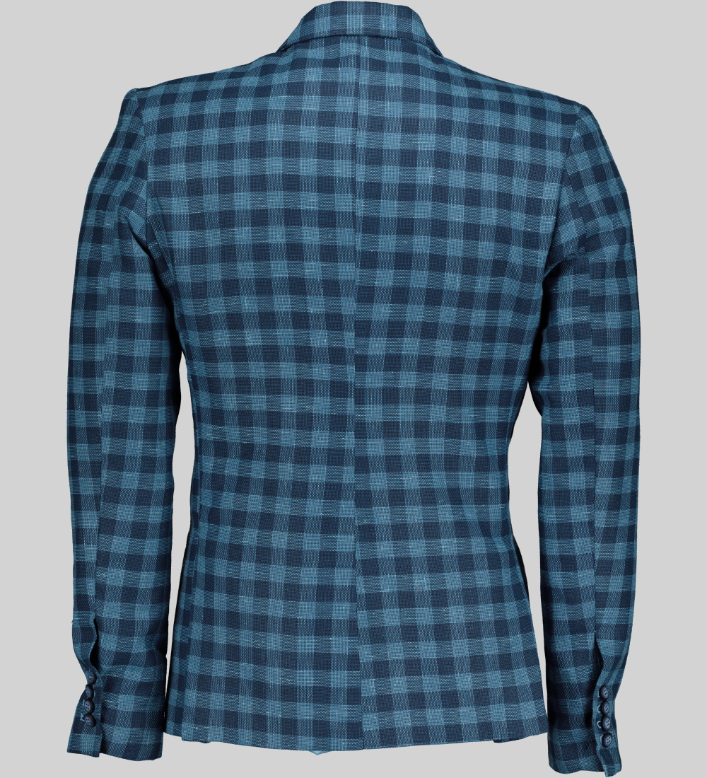 Men's medium blue linen check formal suit jacket, showcasing a central vent and clean lines for a sharp silhouette.