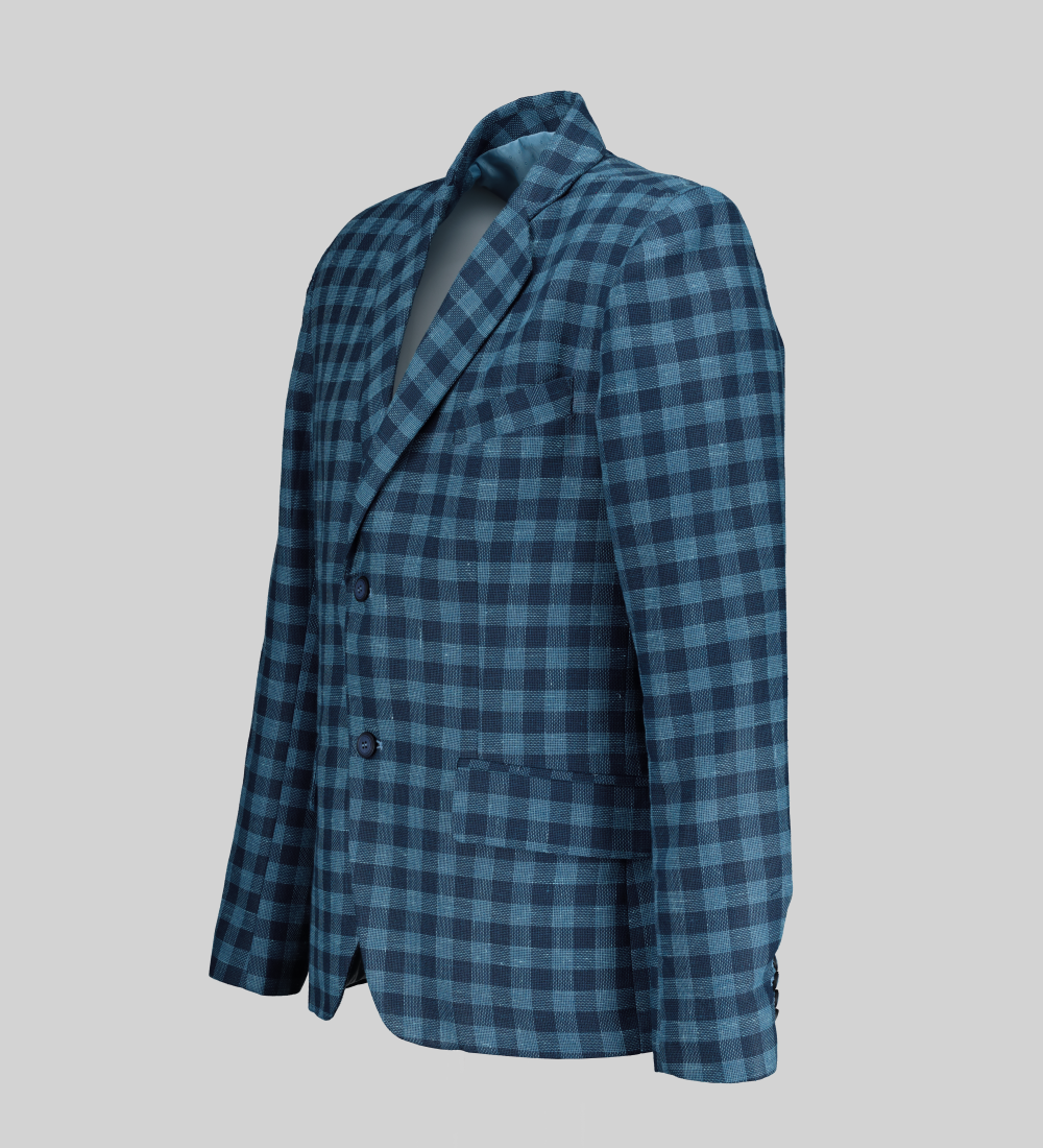 Men's medium blue linen check formal suit jacket displayed from the side, highlighting the tailored fit through the shoulders and body.