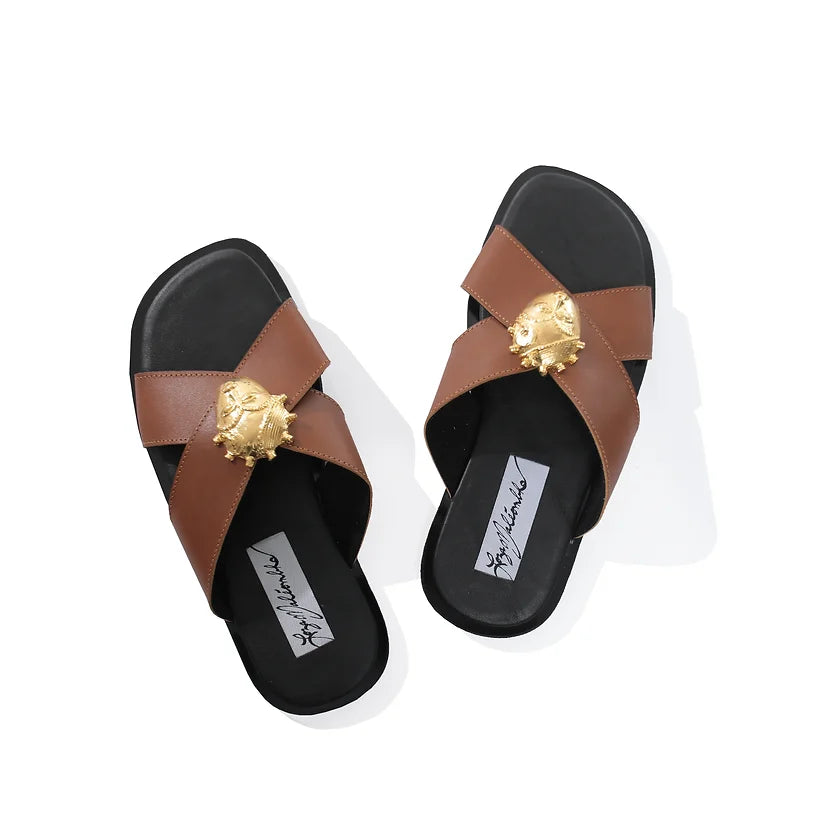 Loza Maléombho Brown Leather Sandals with Golden African Mask buckle