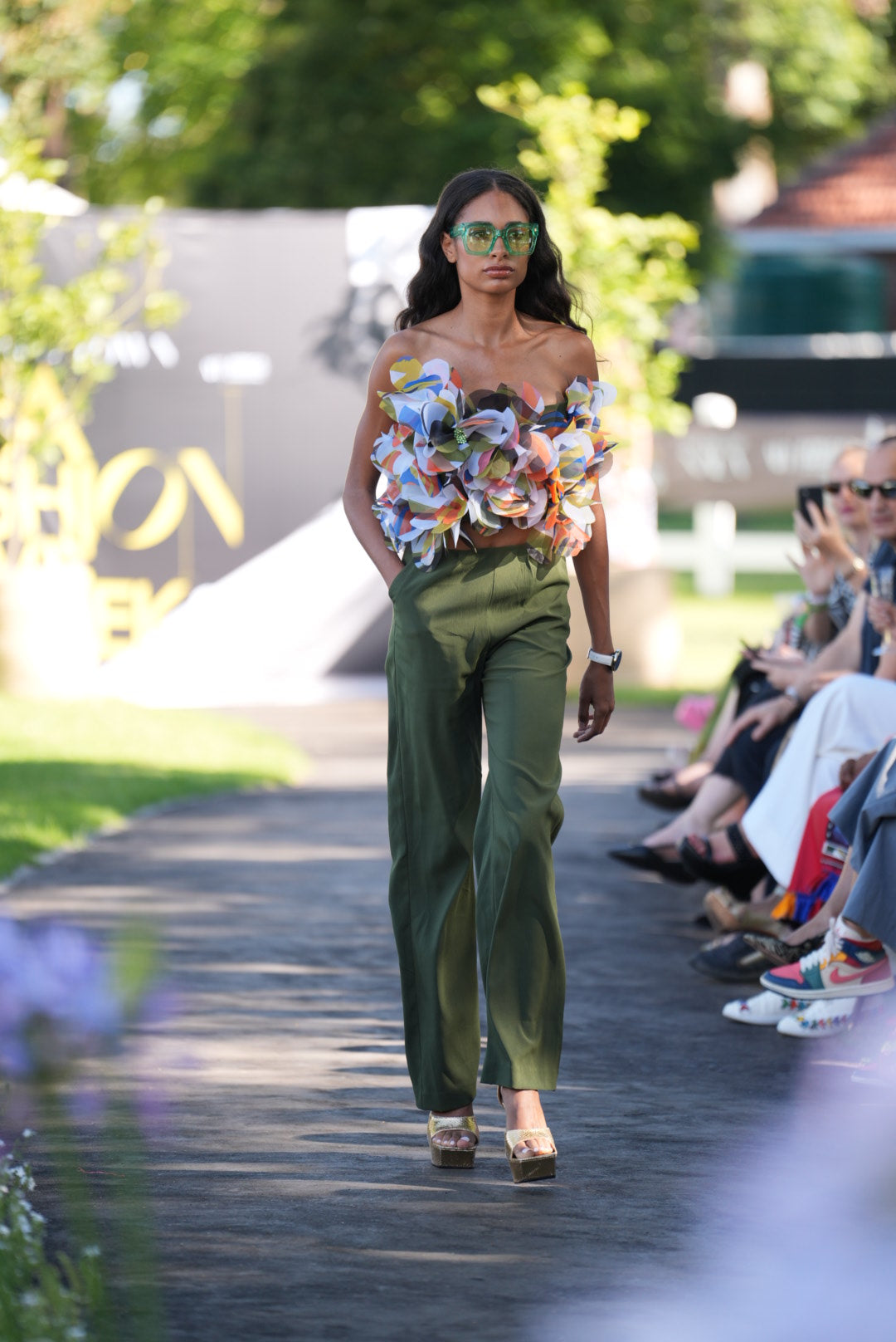 Model in AFI Prive Olive Green Palazzo Pants
