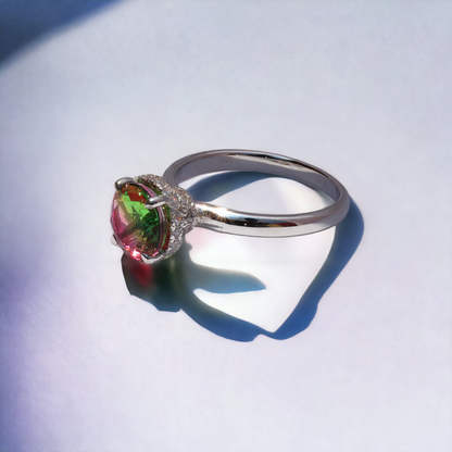 Oval hidden halo watermelon crystal ring
