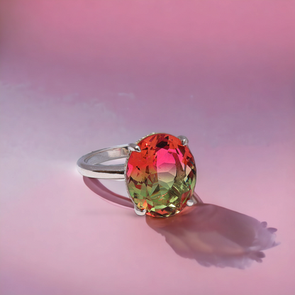 Round hidden halo watermelon crystal ring