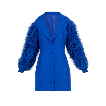 Brocade Frilled Sleeve lined Jacket Royal Blue