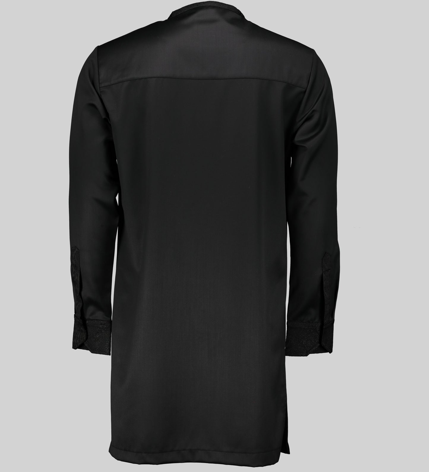 Backside of the Black Dashiki Shirt in Luxury Cotton with Black Brocade Trims. 
