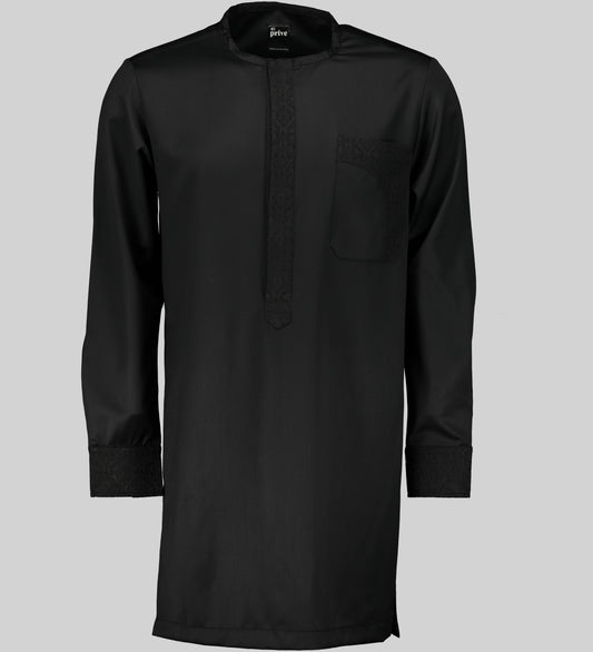 Black Dashiki Shirt in Luxury Cotton with Black Brocade Trims. 