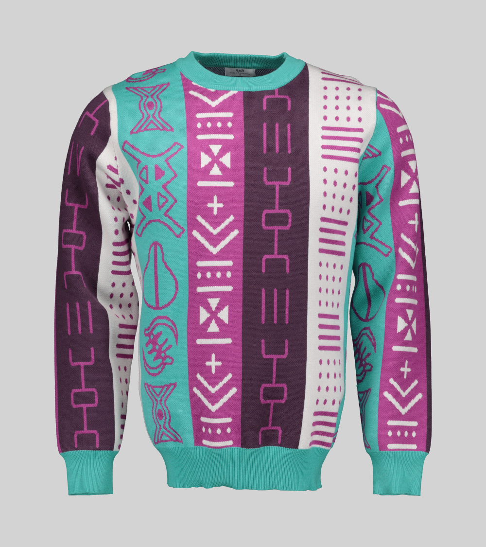 BAR Supremacy Knit Sweater - A luxurious, boxy long-sleeve viscose sweater in teal, maroon, pink, and white African prints.