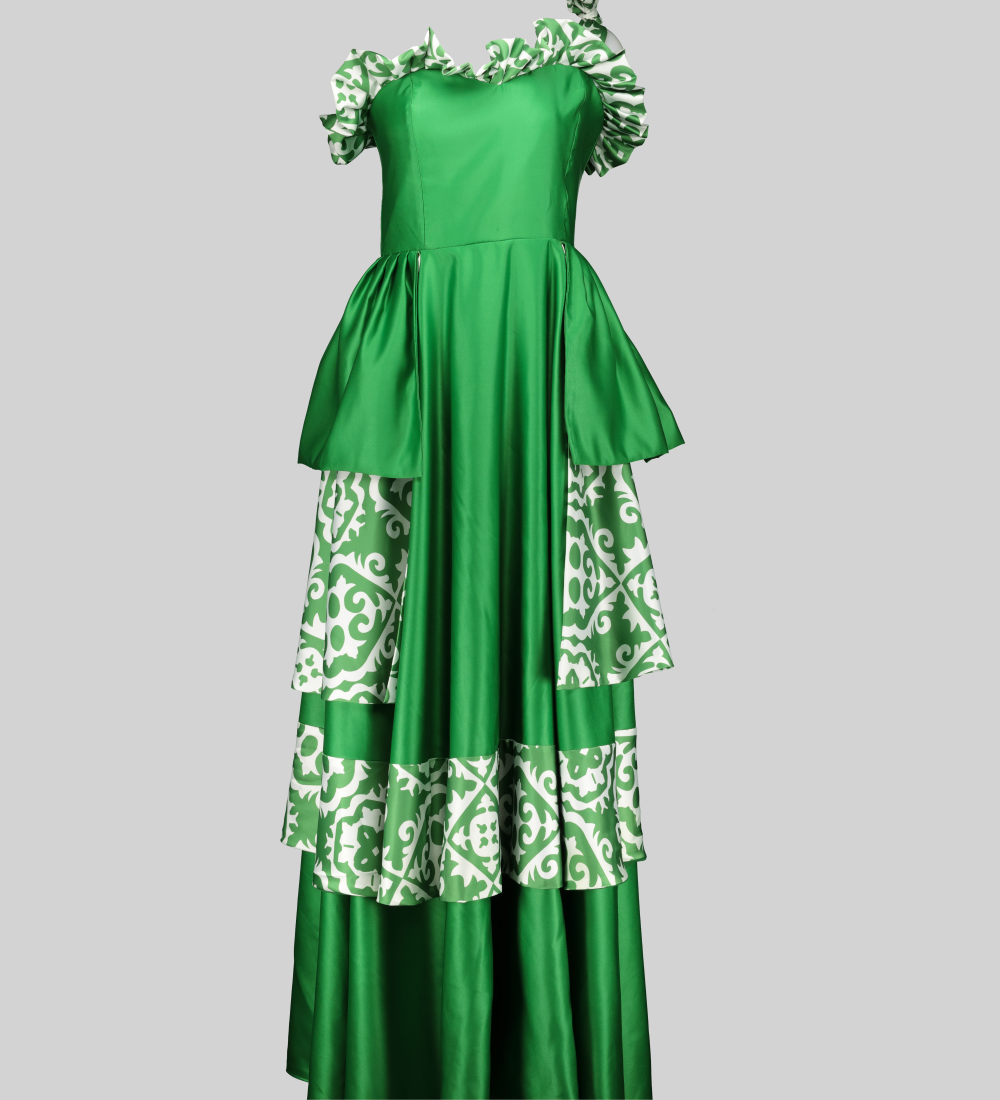 Tumi Captivating Green Dress. A sleeveless tiered-flare dress in a captivating green and white print on luxurious printed satin. Features a fitted bodice and flowing skirt