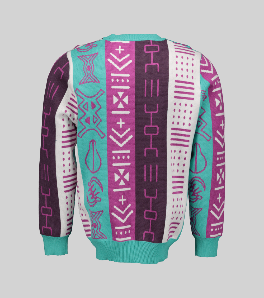 BAR Supremacy Knit Sweater - Back view of a boxy long-sleeve viscose sweater showcasing stunning African prints in teal, maroon, pink, and white.