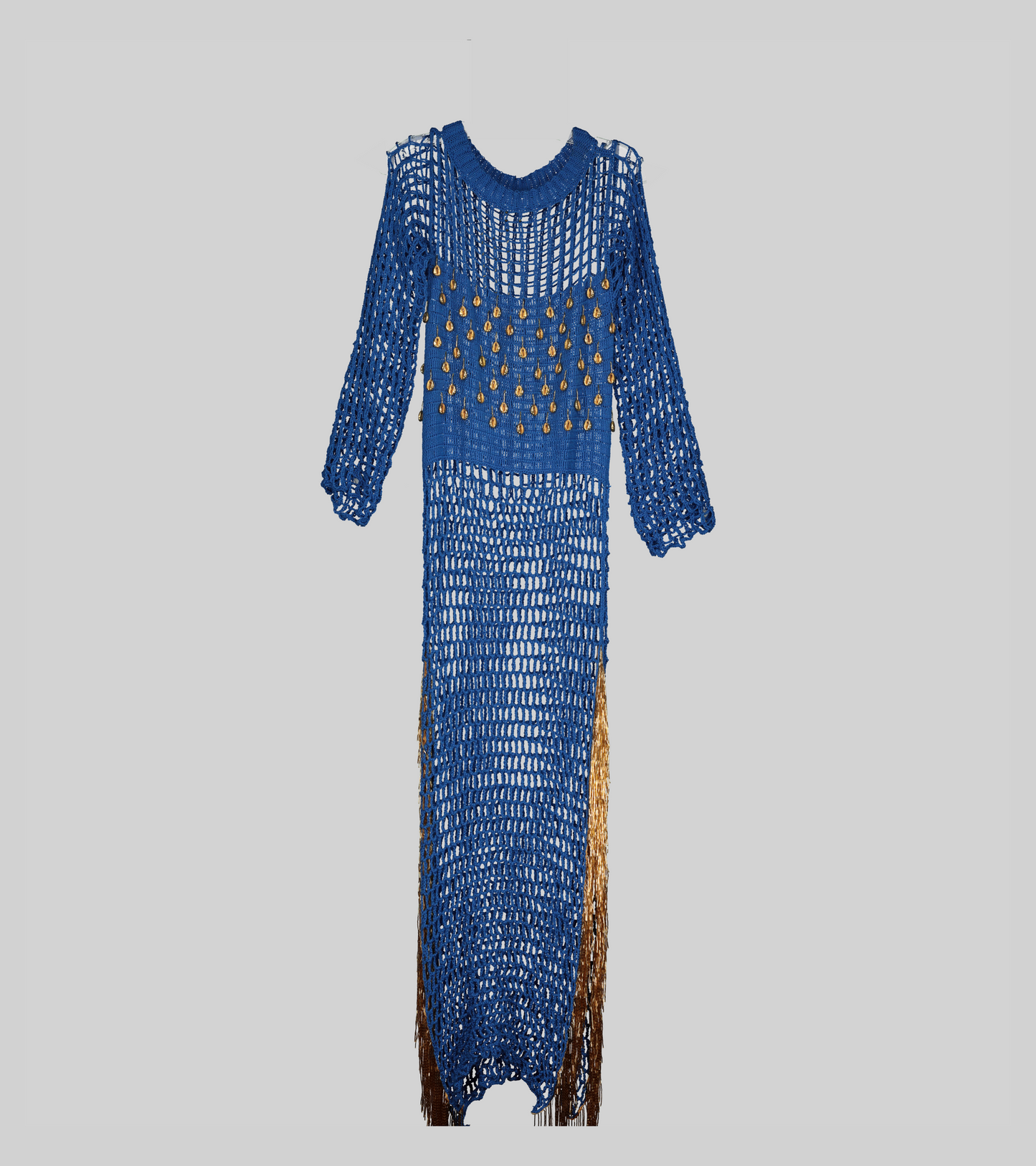 Alia Bare Mykonos Crotchet Dress with Slip Small Blue & Gold