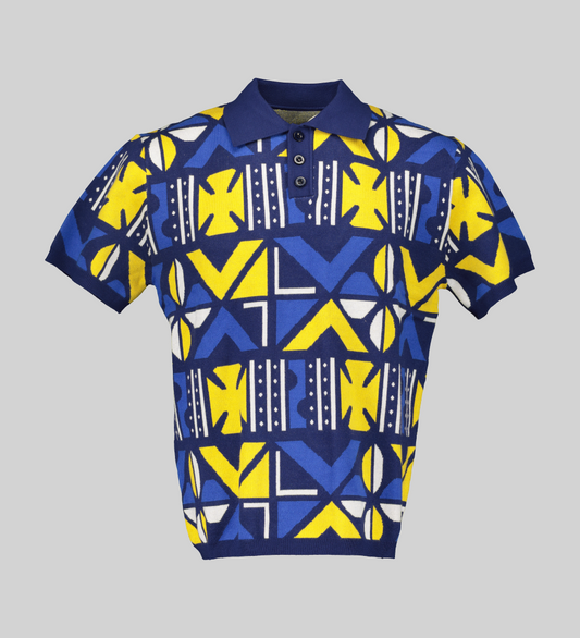  Blue and yellow cowry print knitted golfer with short sleeves.