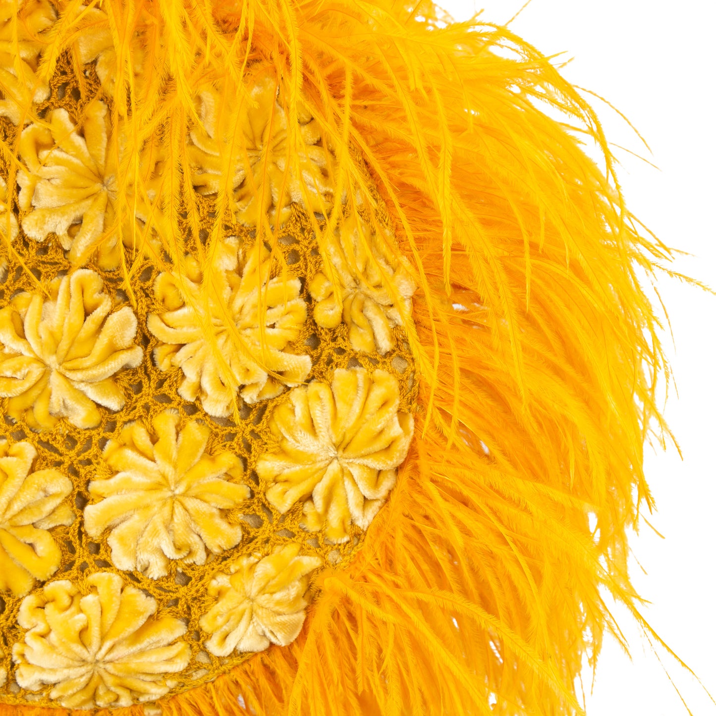 Yellow Velvet Flower Crotchet Bag With Autrice Feather