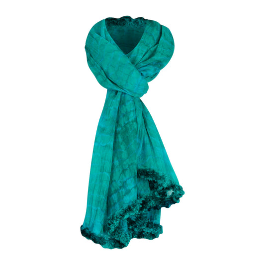 Turquoise Silk Tie Dye & Fur Scarf