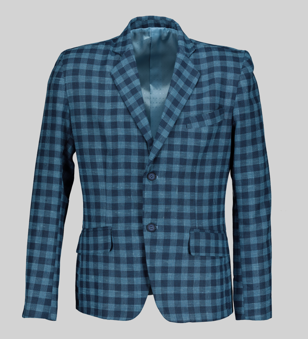 A close-up of a men's medium blue linen formal suit jacket with a check pattern. The jacket has a tailored fit and features notched lapels, single-breasted closure, and side pockets.