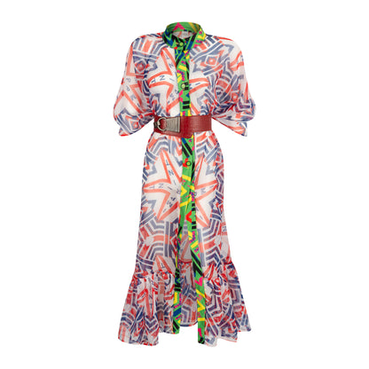 Printed Linen Belted Maxi Dress
